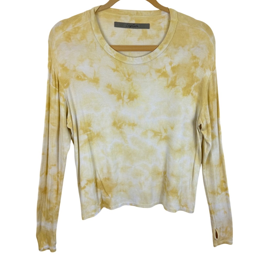 Enza Costa Womens Yellow Tie Dye‎ Ribbed Long Sleeve Top Thumbholes Crew Neck